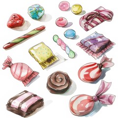 Wall Mural - A clipart illustration with various types of candies on a white background.