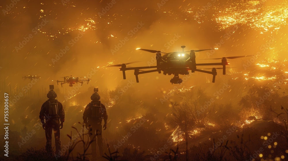 Scene depicting AGI powered drones conducting search and rescue in ...