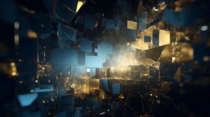 Digital technology blue gold metal geometric abstract poster web page PPT background