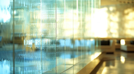 Wall Mural - A closeup of a hotel lobby with an expansive wall of smart glass panels. The panels are in clearest state providing a stunning view of the surrounding cityscape. The