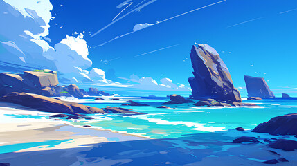 Wall Mural - Illustrated view of a beach with blue skies on a rocky island