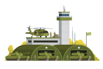 Poster - Vector military base building and vehicle or infographic elements military base buildings for city illustration