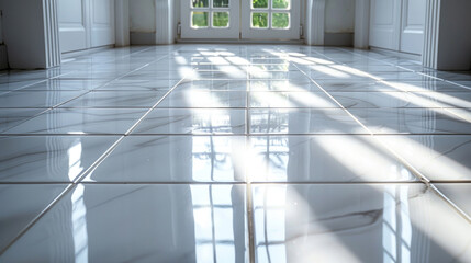 White tile floor background in perspective view, For decoration in bathroom, kitchen and laundry room.