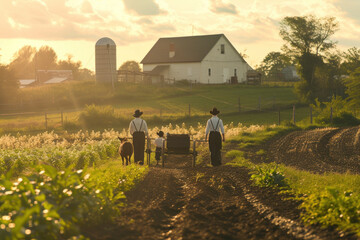 Wall Mural - Family Walking Home on a Farm Road at Sunset in Rural Countryside