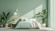 A tranquil bedroom in shades of seafoam green, adorned with minimalist furniture pieces in contrasting colors for visual interest.