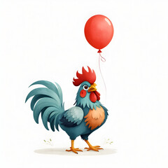 Poster - Cute Rooster Holding Red Hear Balloon for children books