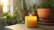 A tranquil yellow candle placed on a clean, uncluttered surface, evoking a sense of calm and simplicity.