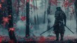 a epic samurai with a weapon sword standing in a foggy japanese forest. asian culture. pc desktop wallpaper background 16:9