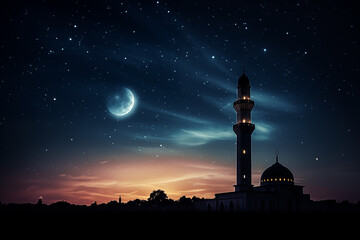 a mosque silhouette against a Ramadan night sky, with a crescent moon and stars. Ramdan Kareem & Eid Mubark. 