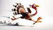 A cartoon turkey humorously sprinting running escaping Thanksgiving marathon runner