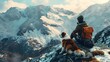 Seasoned Hiker and Saint Bernard Overlooking Snowy Peaks Adventure, Bonds, and Natures Majesty