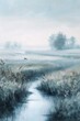 Generative AI image of A misty morning on the prairie, in soft blues and greys. A small creek meanders through, reflecting the early light. Deer are visible in the mist, adding a touch of wildlife.