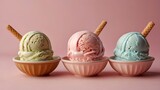 diffrent flawer ice-cream scopes in bowl isolated on light pink background