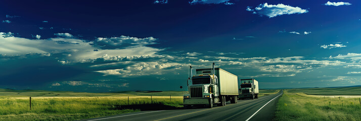 Wall Mural - Semi Trucks Driving on Open Highway at Dusk