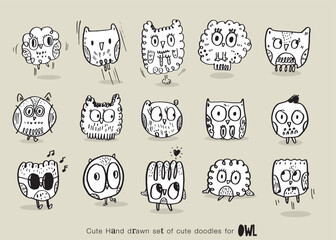 Wall Mural - Set of doodle cartoon owls with various emotions,Various Cute Owl Doodle Collection,hand drawn,Cute animal