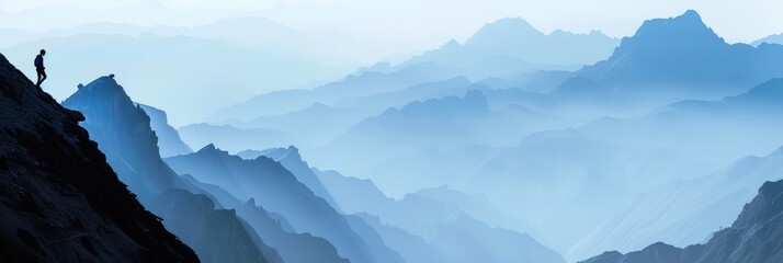 Wall Mural - Silhouette of Hiker Overlooking Misty Mountain Range