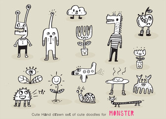 Wall Mural - Cute monsters doodles.Cute monsters doodles,funny cool monsters, aliens or fantasy animals for children coloring books or t-shirts. Hand drawn line art cartoon vector illustration.