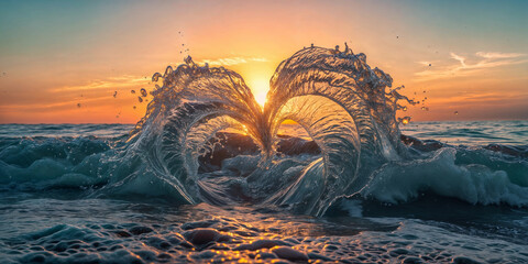 Wall Mural - The splash of the sea wave formed a heart shape against the backdrop of a beautiful sunset
