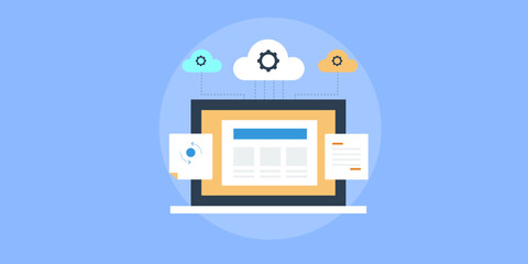 Wall Mural - cloud computing data processing synchronization online file and document storage connected with lapt