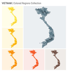 Wall Mural - Vietnam map collection. Country shape with colored regions. Blue Grey, Yellow, Amber, Orange, Deep Orange, Brown color palettes. Border of Vietnam with provinces for your infographic.