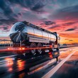 A metal fuel tanker truck transporting fuel to an oil refinery during sunset, showcasing the industrial transport process against a colorful sky.