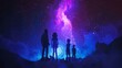 A group of children gazes in awe at a magnificent cosmic phenomenon, surrounded by the otherworldly beauty of an alien landscape.
