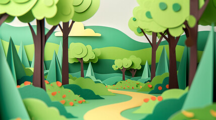 llustration paper cut craft style of green wild landscape 