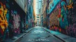 Urban alley adorned with graffiti art.