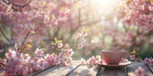 A Cup Of Tea With Cherry Blossom Flowers In Garden In The Morning Light In Spring Time