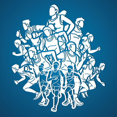 Wall Mural - Group of People Running Together Man and Woman Runner Marathon Cartoon Sport Graphic Vector