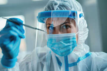 Wall Mural - Female dentist in a protective suit with a protective shield and mask holding dental tools in dental office