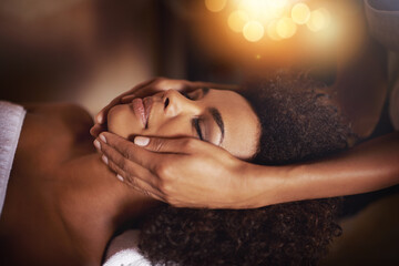 black woman, hands and masseuse for face massage, beauty and bodycare at spa for stress relief and w