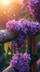 Wall Mural - The lilac flowers are very beautiful Realistic photography: several blooming flowers climb on the bamboo fence. The flowers are covered with dew.