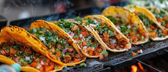 Wall Mural - A close-up of newly produced tacos seasoned over a street cart smoky in a queue and space, Generative AI.