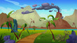 Prehistoric jurassic period landscape with volcanic eruption. Cartoon vector illustration scenery with active volcano mountain with gases smoke cloud , rocks, green palm trees, grass and plants.