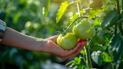 Wall Mural - Lovely pure green tomato held by a girl over a grainy backdrop of a greenhouse and space, Generative AI.