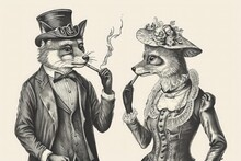 Fashionable Fox And Monkey In Clothes. Gentleman Smoking A Cigar. 