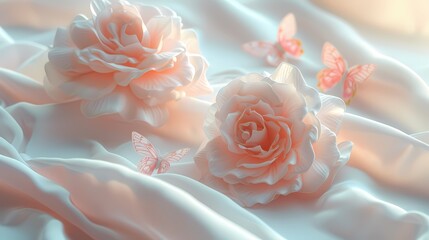 Digital roses and butterflies are shown on white silk abstract graphics poster web page PPT background with generative