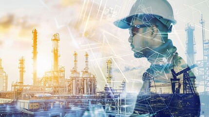 Poster - Generative AI : Double exposure of Engineer with oil refinery industry plant background