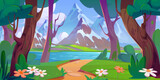 Fototapeta Panele - Cartoon summer landscape with forest, lake and mountains. Path leading to water pond or river in woodland with green trees and bushes, grass and daisy flowers near foot of rocky hills with snow.