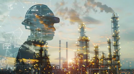 Poster - Generative AI : Double exposure of Engineer with oil refinery industry plant background
