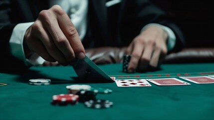 Generative AI : Man dealer or croupier shuffles poker cards in a casino game card