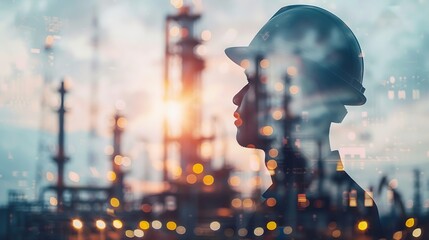 Leinwandbilder - Generative AI : Double exposure of Engineer with oil refinery industry plant background