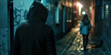 Fototapeta Uliczki - Back of man in hood following woman in dark narrow street at night late evening. Concept for crime, stalking and sexual assault