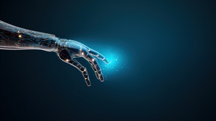 Wall Mural - Robotic hand touching on solid blue background, AI hand