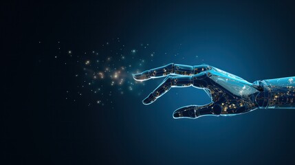 Wall Mural - Robotic hand touching on solid blue background, AI hand