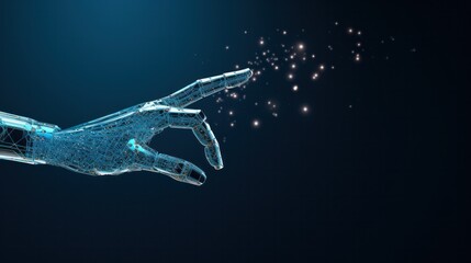 Wall Mural - Robotic hand touching on solid blue background, AI hand