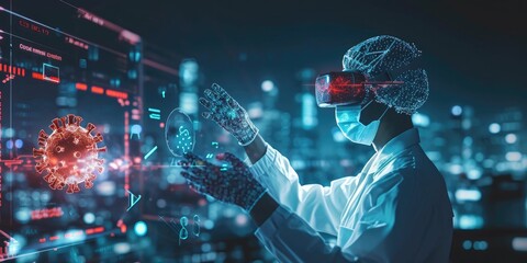 new normal futuristic technology in medical concept doctor anlysis patient by using artificial intelligence, machine learning, digital twin, 5g, big data, iot, augmented mixed virtual reality, ai