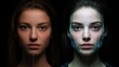 © ETAJOE - Face recognition technology scanning young businesswoman face biometric authentication, women scans Face ID for verified identities