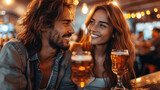 Fototapeta Uliczki - Happy Couple Enjoying Beer at Bar
